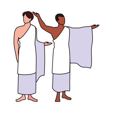 Erkekler beyaz arka planda hacca giderler.