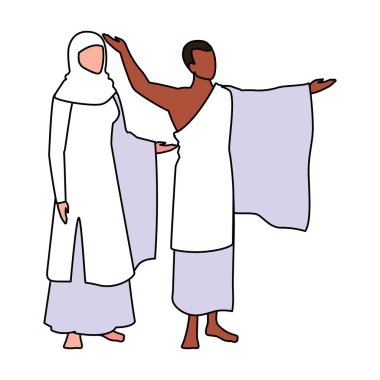 Beyaz arka planda birkaç kişi hacca gidiyor.