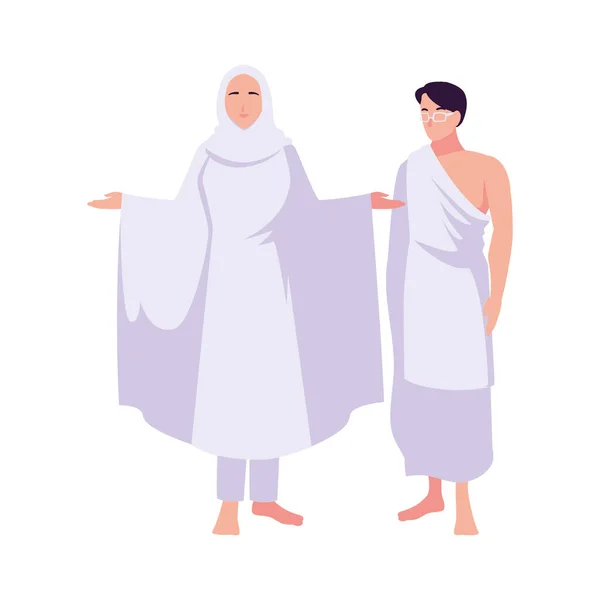 Pareja de personas peregrinos hajj de pie sobre fondo blanco — Vector de stock