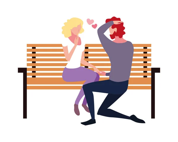 Pareja de personas enamoradas sentados en la silla del parque sobre fondo blanco — Vector de stock