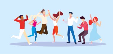 Farklı pozları olan bir grup insan.