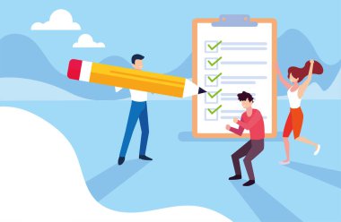 Kağıt kağıtları ve kalemi olan bir grup insan