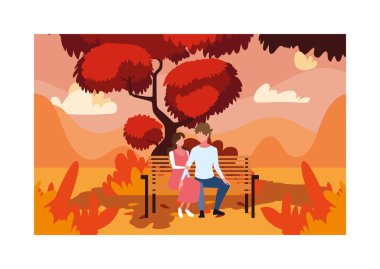 Park koltuğunda oturan birkaç kişi, sonbahar manzarası.
