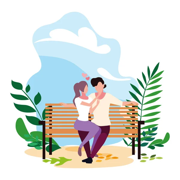 Couple of people in love sitting in the park chair — Stock Vector