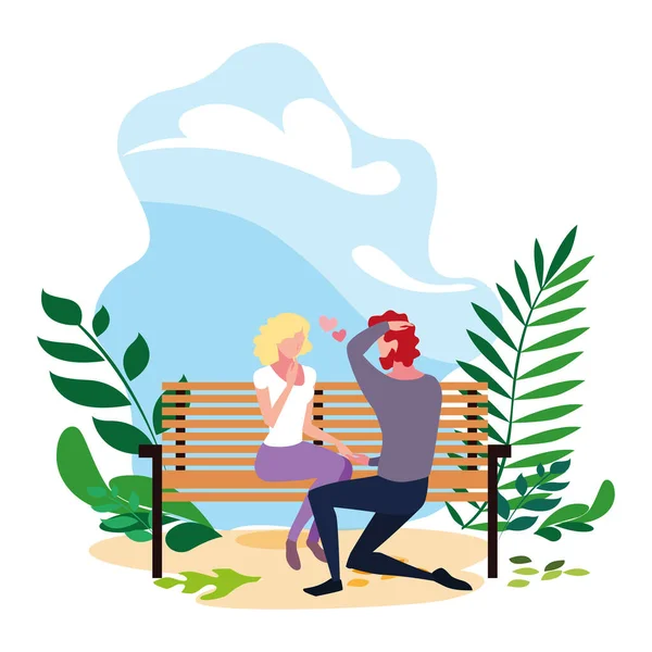 Pareja de personas enamoradas sentadas en la silla del parque — Vector de stock