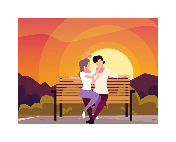 Pareja de personas enamoradas sentadas en la silla del parque — Vector de stock