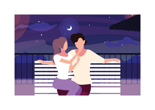 Pareja de personas enamoradas sentados en la silla del parque con paisaje nocturno — Vector de stock