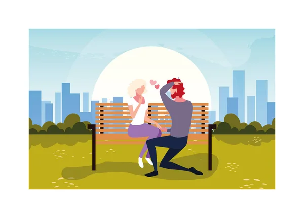 Pareja de personas enamoradas sentadas en la silla del parque — Vector de stock