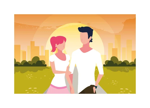 Casal de pessoas apaixonadas andando no parque — Vetor de Stock
