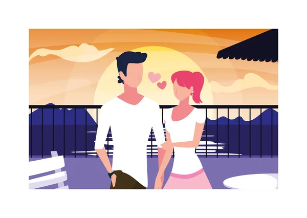 Pareja de personas enamoradas sentados en la silla del parque con paisaje nocturno — Vector de stock