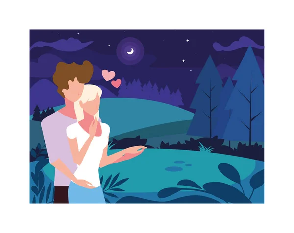 Coppia di persone innamorate che passeggiano nel parco con paesaggio notturno — Vettoriale Stock