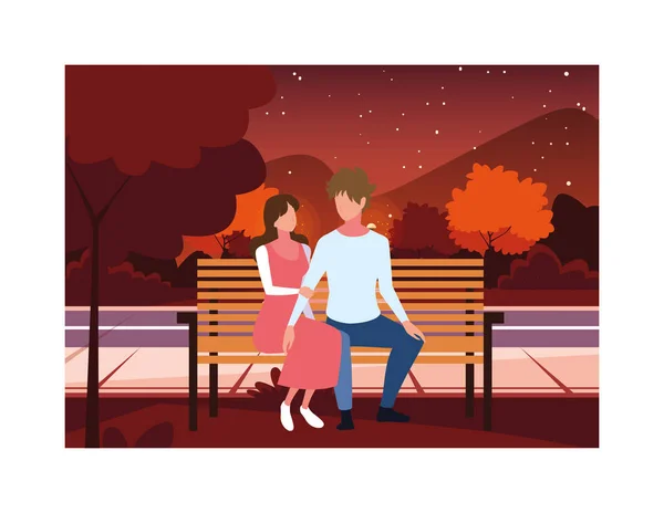 Par de personas sentadas en la silla del parque, paisaje de otoño — Vector de stock