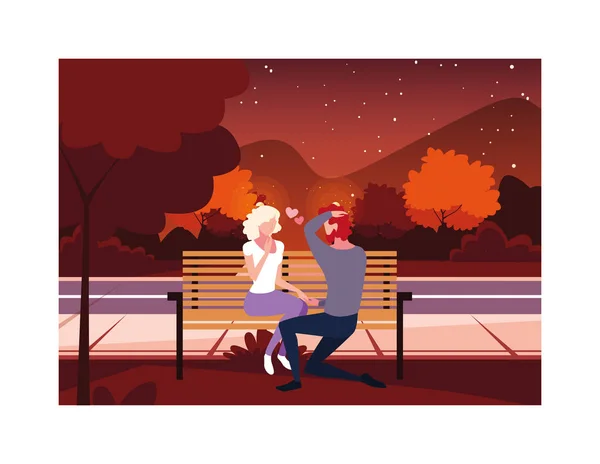 Par de personas sentadas en la silla del parque, paisaje de otoño — Vector de stock