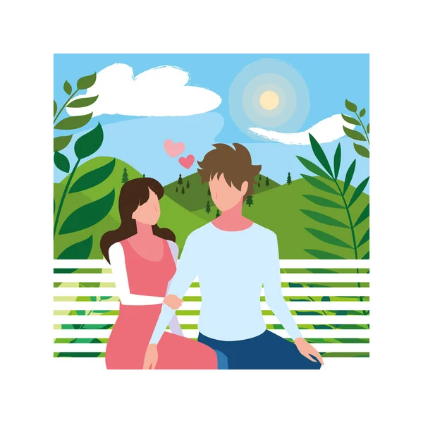Couple of people in love sitting in the park chair — Stock Vector