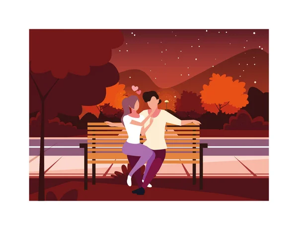 Casal de pessoas sentadas na cadeira do parque, paisagem de outono — Vetor de Stock