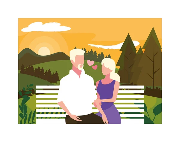 Couple of people in love sitting in the park chair — Stock Vector