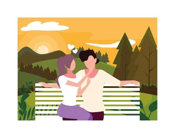 Couple of people in love sitting in the park chair — Stock Vector