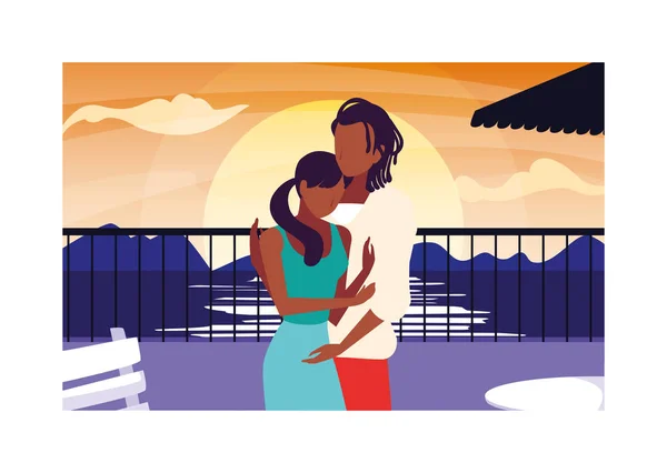 Pareja de personas enamoradas de pie con vistas al mar — Vector de stock