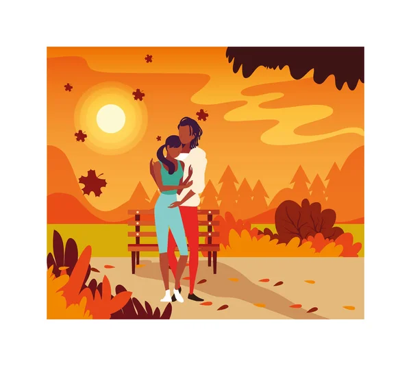 Couple of people walking in the park, autumn landscape — Stock Vector