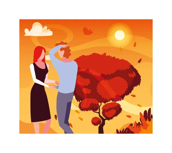 Pareja de personas caminando en el parque, paisaje otoñal — Vector de stock