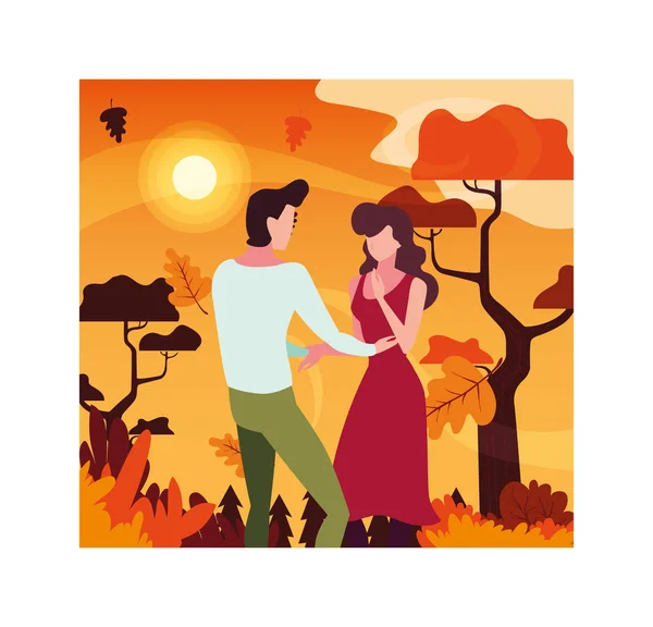 Casal de pessoas caminhando no parque, paisagem de outono — Vetor de Stock