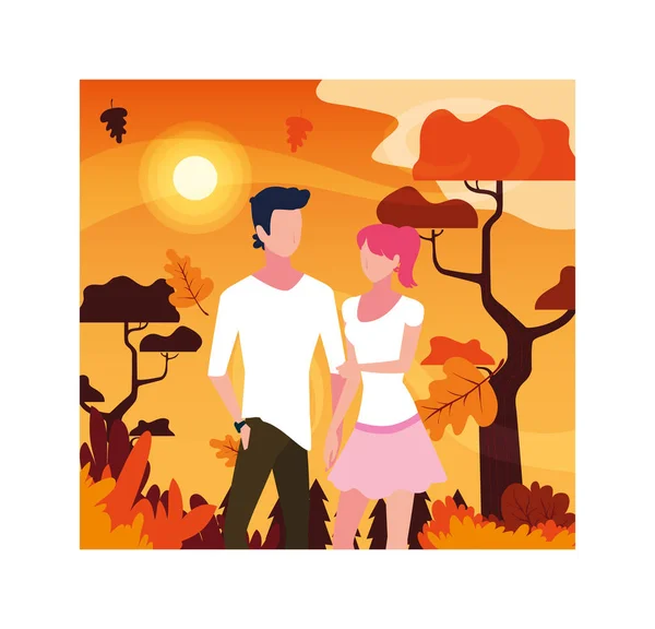 Pareja de personas caminando en el parque, paisaje otoñal — Vector de stock