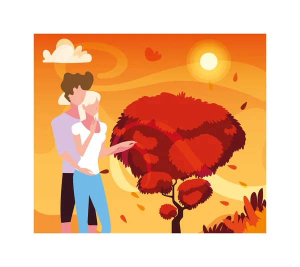 Pareja de personas caminando en el parque, paisaje otoñal — Vector de stock