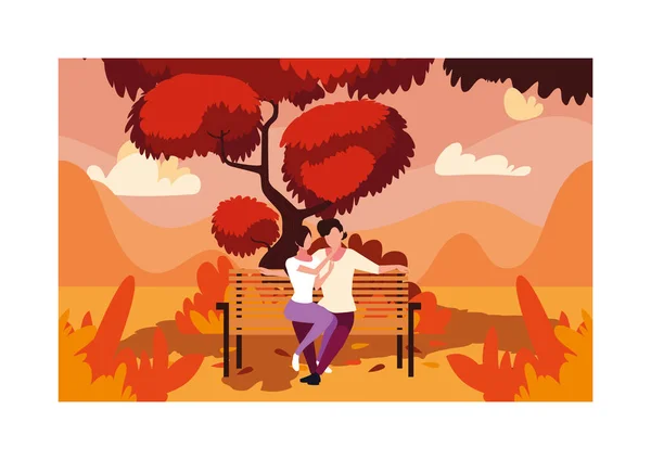 Couple of people sitting in park chair , autumn landscape — Stock Vector