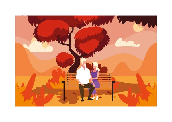 Couple of people sitting in park chair, autumn landscape — стоковый вектор