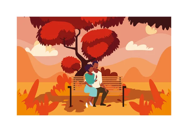 Couple of people sitting in park chair , autumn landscape — Stock Vector
