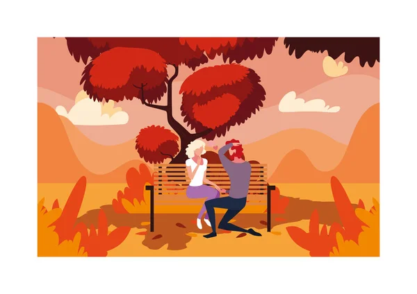Par de personas sentadas en la silla del parque, paisaje de otoño — Vector de stock