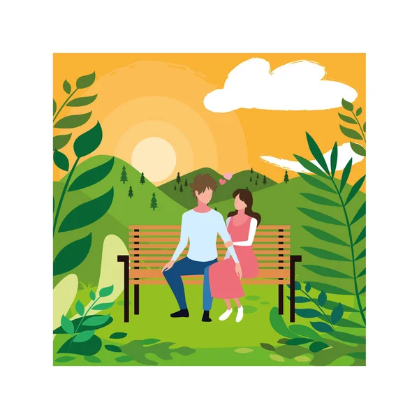 Pareja de personas enamoradas sentadas en la silla del parque — Vector de stock