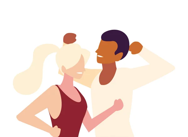 Pareja de personas sin rostro con diferentes poses sobre fondo blanco — Vector de stock