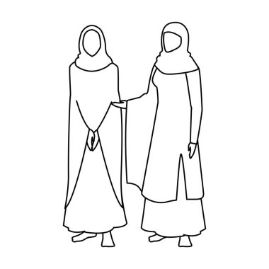 Beyaz arka planda duran hacı kadınlar.