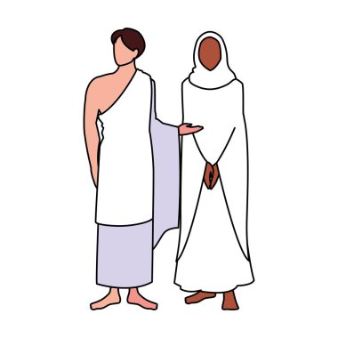 Beyaz arka planda birkaç kişi hacca gidiyor.