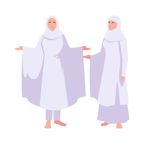 Donne pellegrino hajj in piedi su sfondo bianco — Vettoriale Stock