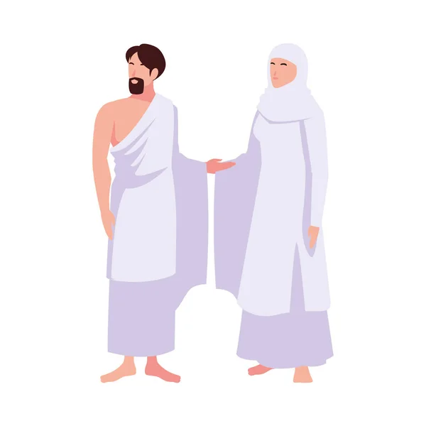 Ζευγάρι των ανθρώπων προσκυνητές hajj στέκεται σε λευκό φόντο — Διανυσματικό Αρχείο