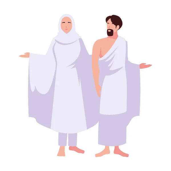 Ζευγάρι των ανθρώπων προσκυνητές hajj στέκεται σε λευκό φόντο — Διανυσματικό Αρχείο