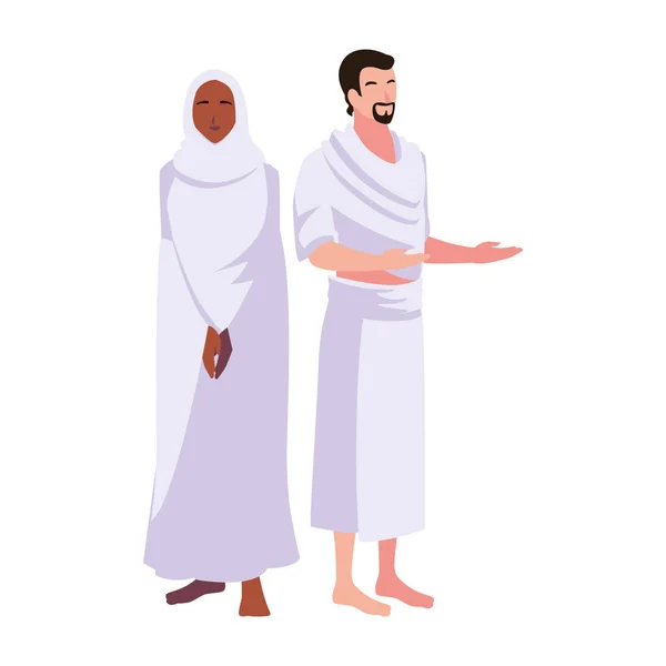 Coppia di persone pellegrini hajj in piedi su sfondo bianco — Vettoriale Stock