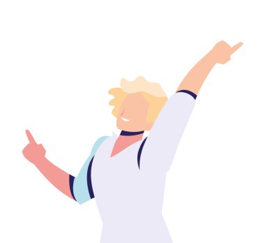 Beyaz arka planda dans eden, parti yapan bir adam.