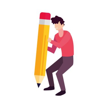 Beyaz arkaplana yazmak için kurşun kalemi olan adam