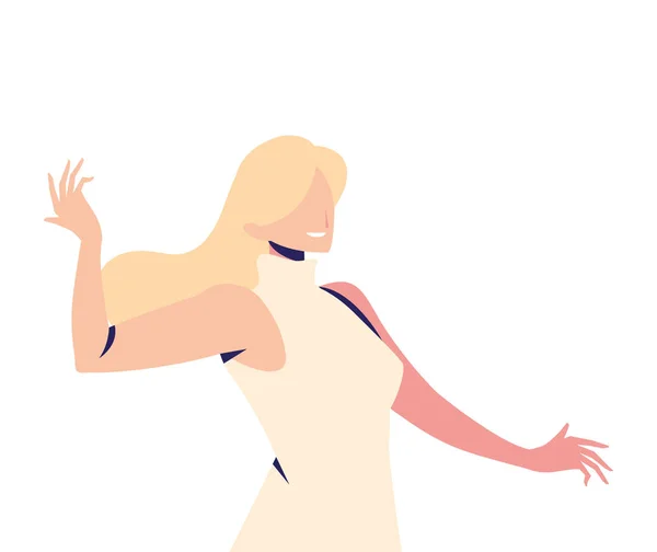 Mujer en pose de baile, fiesta, sobre fondo blanco — Vector de stock