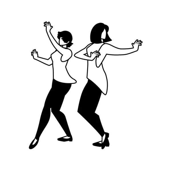Silueta de las mujeres en pose de baile sobre fondo blanco — Vector de stock