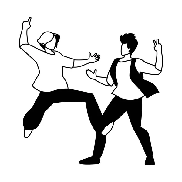 Silhouette of men in pose of dancing on white background — 图库矢量图片