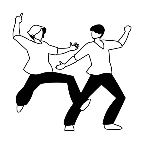 Silhouette of men in pose of dancing on white background — ストックベクタ