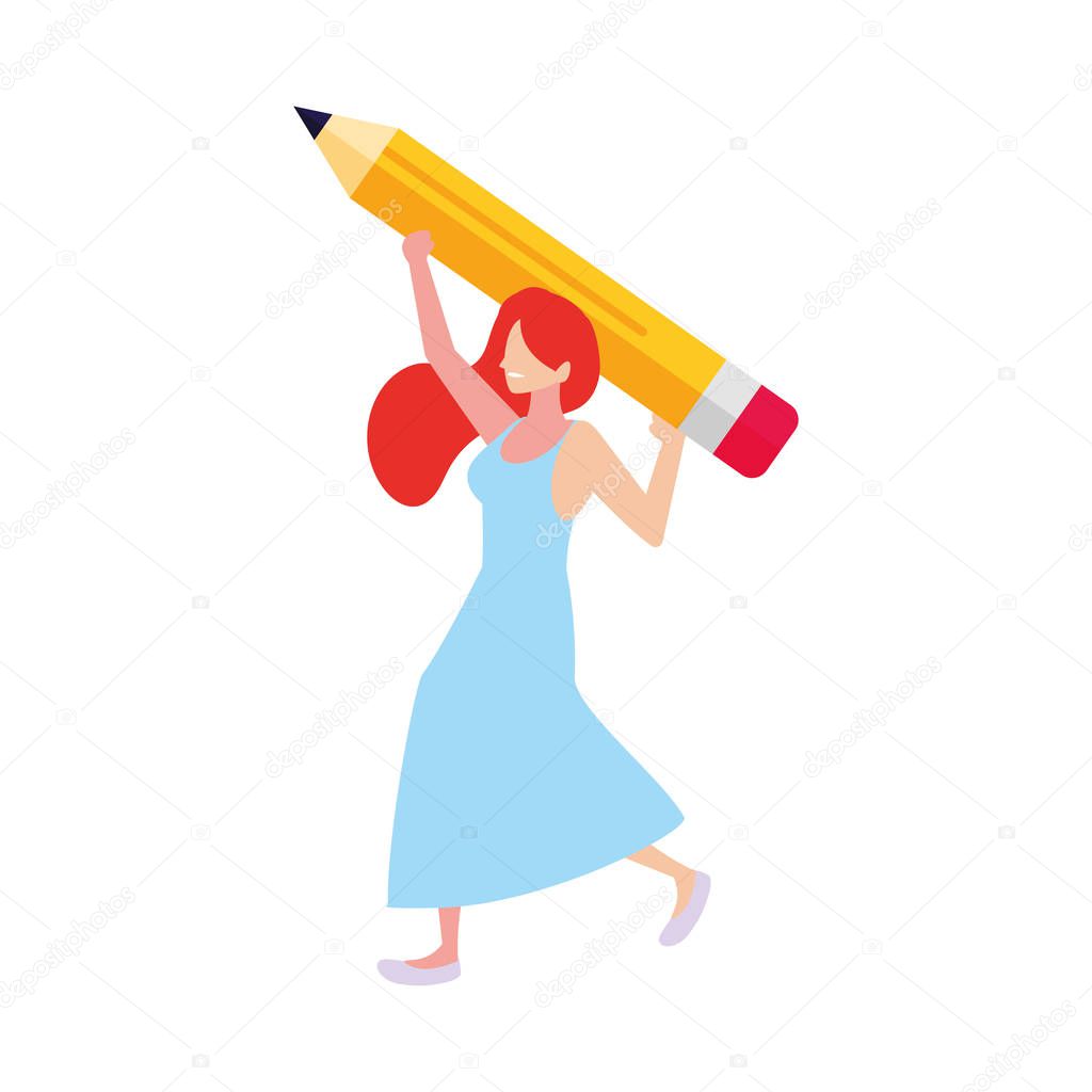 woman with pencil to write on white background