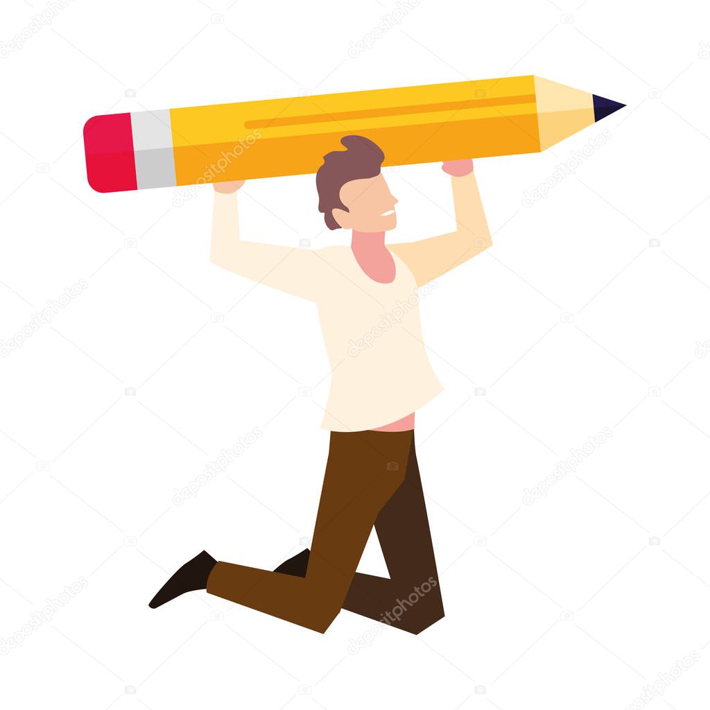 man with pencil to write on white background