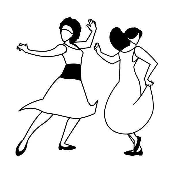 Silueta de las mujeres en pose de baile sobre fondo blanco — Vector de stock