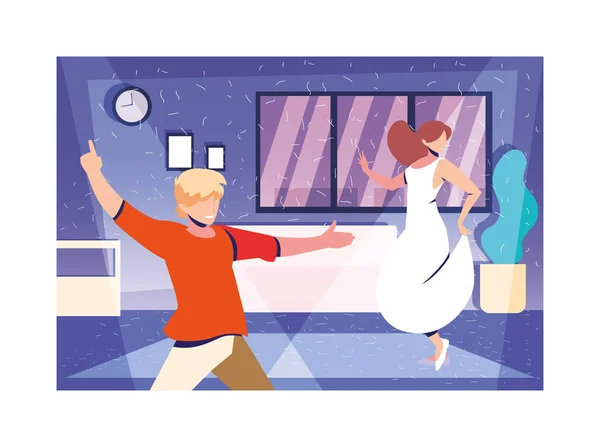 Пара людей танцює вдома, вечірка, музика і нічне життя — стоковий вектор