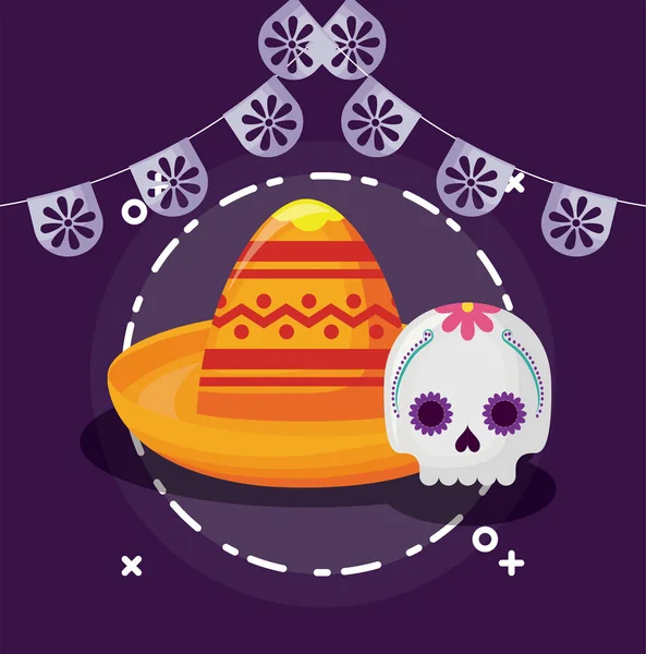 Crâne mexicain et chapeau avec bannière design vectoriel fanion — Image vectorielle